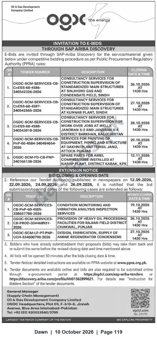 Newspaper clipping: OGDCL Invitation to E‑Bids — Multiple Consultancy, Services and Supply Tenders (Oct–Nov 2026), Dawn, 10 Oct 2026