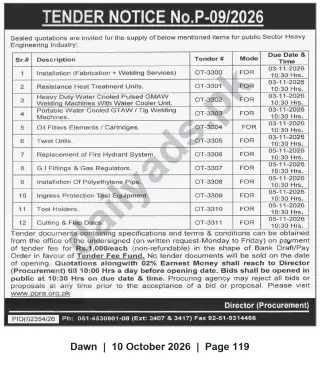 Newspaper clipping: Tender Notice P-09/2026 — Supply & Services for Public Sector Heavy Engineering Industry, Dawn, 10 Oct 2026