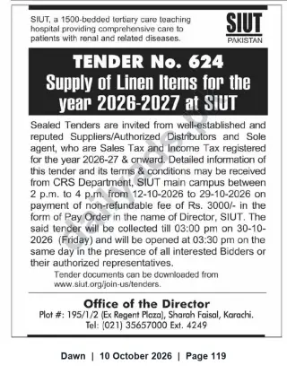 Newspaper clipping: Tender No. 624 — Supply of Linen Items for 2026-2027 at SIUT Karachi, Dawn, 10 Oct 2026