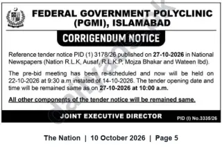 Newspaper clipping: Corrigendum: Tender PID (1) 3178/26 — Pre-bid Meeting Rescheduled by Federal Government Polyclinic (PGMI), Islamabad, The Nation, 10 Oct 2026