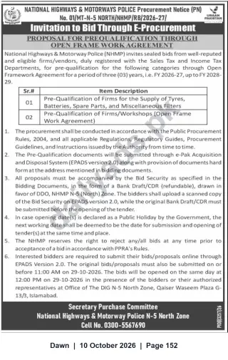 Newspaper clipping: NHMP N-5 North Zone — Prequalification Invitation for Supply of Tyres, Parts and Workshops (Open Framework Agreement), Dawn, 10 Oct 2026