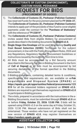 Newspaper clipping: Collectorate of Customs (E), Peshawar — Request for Bids for Purchase of Stationery (Ref: P123019), Dawn, 10 Oct 2026
