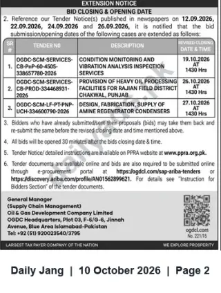Newspaper clipping: OGDCL Tender Extension Notice — Revised Closing Dates for Three Tenders, Jang, 10 Oct 2026