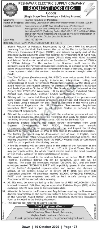 Newspaper clipping: PESCO Request for Bids — Procurement of 4,011 APMS for EDEIP (Bids Due 2026-11-30), Dawn, 10 Oct 2026