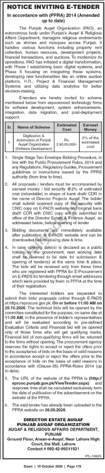 Newspaper clipping: E-Tender: Digitization & Automation (Software Development) — Punjab Auqaf Organization, Dawn, 10 Oct 2026