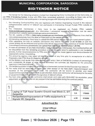 Newspaper clipping: Municipal Corporation Sargodha Tender Notice — Road Paving & Traffic Signals (Closing 2026-10-26), Dawn, 10 Oct 2026