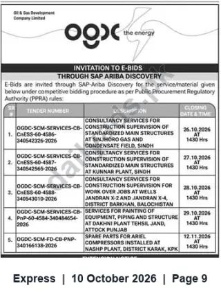 Newspaper clipping: OGDC Invitation to E‑Bids via SAP‑Ariba Discovery for Consultancy, Painting & Spare Parts, Express, 10 Oct 2026