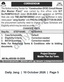 Newspaper clipping: Corrigendum: Tender for Construction of DC Circuit House, Sui Master Plan, Jang, 10 Oct 2026