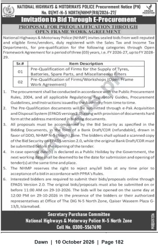 Newspaper clipping: NHMP N-5 North Zone Invitation to Bid for Prequalification — Tyres, Batteries, Spare Parts & Workshops (Open Framework Agreement), Dawn, 10 Oct 2026