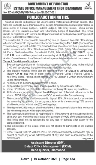 Newspaper clipping: Public Auction of Unserviceable Materials — Estate Office Management (EOM), Islamabad, Dawn, 10 Oct 2026