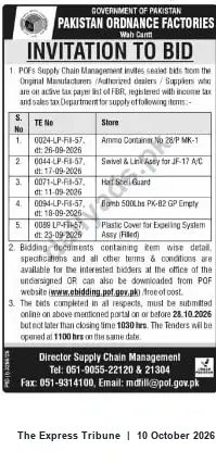 Newspaper clipping: POF Wah Cantt Invitation to Bid — Supply of Containers, Assemblies and Components (Closing 2026-10-28), The Express Tribune, 10 Oct 2026