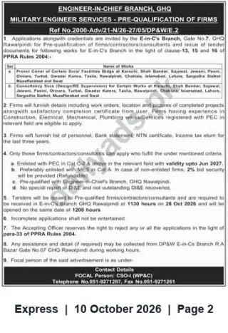 Newspaper clipping: E-in-C Branch GHQ Rawalpindi — Pre-Qualification: Construction & Consultancy Works (Ref No. 2000-Adv/21-N/26-27/05/DP&W/E.2), Express, 10 Oct 2026