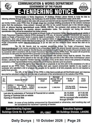 Newspaper clipping: C&W Punjab E-Tender: Addition/Alteration at Minister's Residence, GOR‑1 Lahore, Dunya, 10 Oct 2026