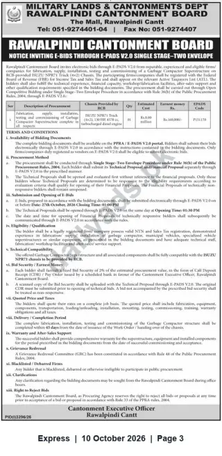 Newspaper clipping: Rawalpindi Cantonment Board E-Bid: Garbage Compactor Superstructure for ISUZU NPR71 (Single Unit), Express, 10 Oct 2026