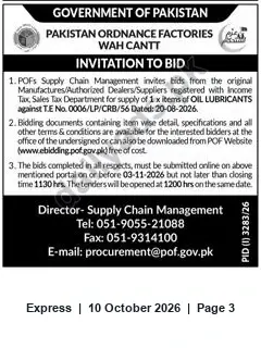 Newspaper clipping: POFs Wah Cantt Tender for Supply of Oil Lubricants — T.E No. 0006/LP/CRB/56, Express, 10 Oct 2026