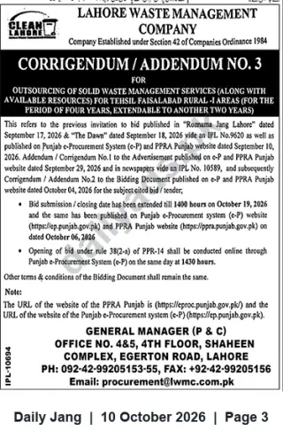 Newspaper clipping: LWMC Corrigendum: Bid Deadline Extended to 2026-10-19 for Outsourcing Solid Waste Management (Faisalabad Rural-I), Jang, 10 Oct 2026
