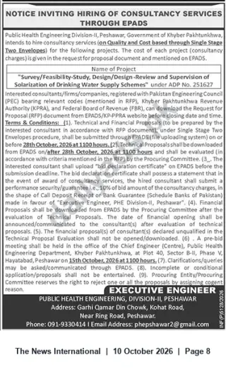 Newspaper clipping: Hiring Consultancy Services for Solarization, Design & Supervision of Drinking Water Supply Schemes — PHE Division‑II Peshawar, The News International, 10 Oct 2026