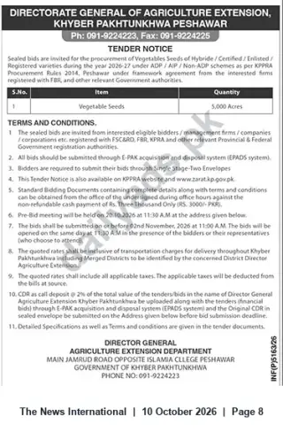 Newspaper clipping: Tender for Procurement of Vegetable Seeds (5,000 acres) — Directorate General Agriculture Extension, Khyber Pakhtunkhwa, The News International, 10 Oct 2026