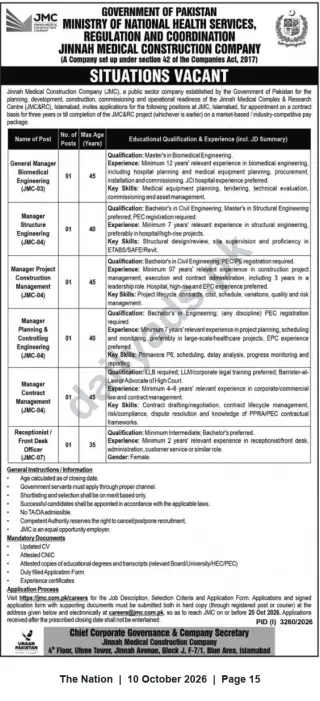 Newspaper clipping: Jinnah Medical Construction Company (JMC) Jobs 2026 — Managerial, Technical & Front Desk Vacancies in Islamabad, The Nation, 10 Oct 2026
