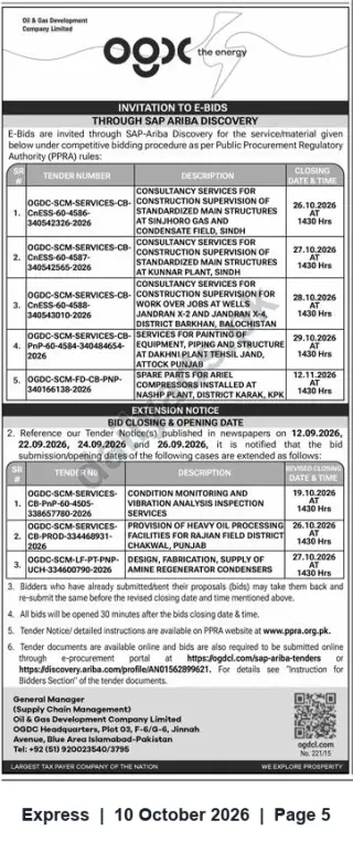 Newspaper clipping: OGDCL Invitation to E-Bids via SAP‑Ariba for Consultancy, Services, Spares and Paint Works, Express, 10 Oct 2026