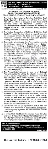 Newspaper clipping: Trading Corporation of Pakistan invites Prequalification for Open Framework Agreement for Non‑Consultancy Services, The Express Tribune, 10 Oct 2026