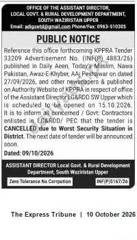 Newspaper clipping: Tender Cancelled — Assistant Director LG&RDD South Waziristan Upper (KPPRA Tender 33209), The Express Tribune, 10 Oct 2026