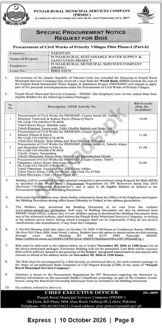 Newspaper clipping: PRMSC Request for Bids — Civil Works for Priority Villages Pilot Phase‑I (Part‑b), Punjab, Express, 10 Oct 2026