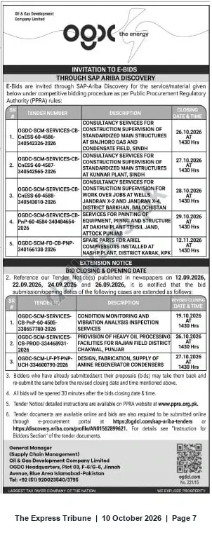 Newspaper clipping: OGDCL Invitation to e‑Bids via SAP Ariba Discovery — Multiple Service & Supply Tenders, The Express Tribune, 10 Oct 2026
