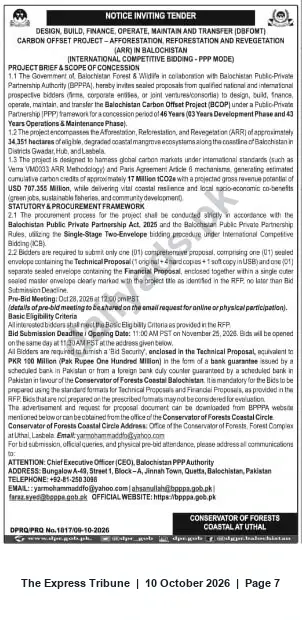 Newspaper clipping: Tender: DBFOMT Carbon Offset Project (Afforestation, Reforestation & Revegetation) — Balochistan, The Express Tribune, 10 Oct 2026