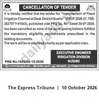Newspaper clipping: Tender Cancelled: Improvement of Flood Irrigation Channel at Dank, District Nushki (PSDP 2026-27), The Express Tribune, 10 Oct 2026