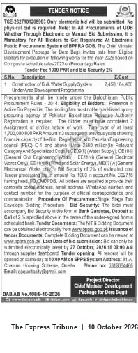 Newspaper clipping: Tender: Construction of Bulk Water Supply System — Chief Minister Development Package for Dera Bugti, The Express Tribune, 10 Oct 2026