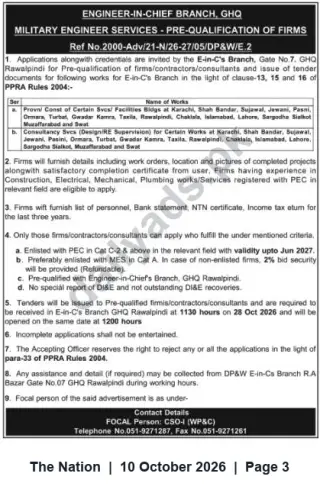 Newspaper clipping: Engineer-in-Chief (GHQ) — Pre-Qualification Notice for Construction and Consultancy Works (Deadline 2026-10-28), The Nation, 10 Oct 2026