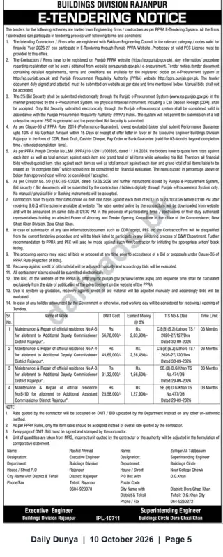 Newspaper clipping: Buildings Division Rajanpur — E-Tender Notice for Maintenance & Repair of Official Residences, Dunya, 10 Oct 2026