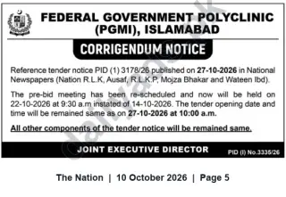 Newspaper clipping: Corrigendum: Pre-Bid Meeting Rescheduled for Tender PID (1) 3178/26 — Federal Government Polyclinic (PGMI), Islamabad, The Nation, 10 Oct 2026