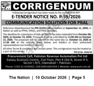 Newspaper clipping: Corrigendum: E-Tender P-59/2026 — Communication Solution for PRAL (Submission Extended to 2026-10-15), The Nation, 10 Oct 2026