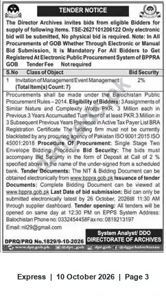 Newspaper clipping: Tender for Management / Event Management Services — Directorate of Archives, Balochistan, Express, 10 Oct 2026