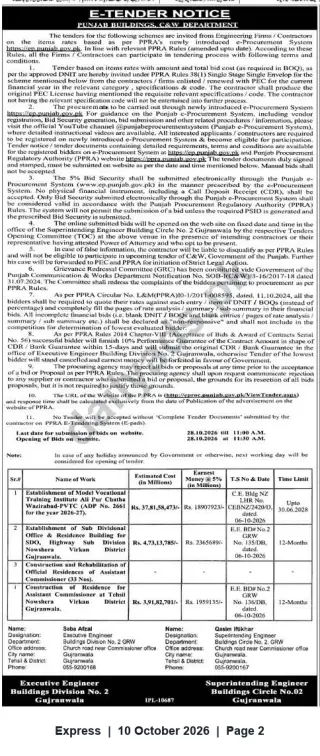 Newspaper clipping: E‑Tender Notice — Punjab Buildings (C&W) Division No.2 Gujranwala for Multiple Building Works, Express, 10 Oct 2026