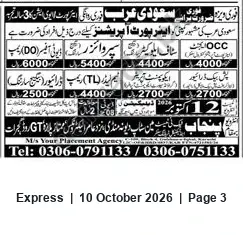 Newspaper clipping: M/s Your Placement Agency — Recruitment & Placement Contact, Express, 10 Oct 2026