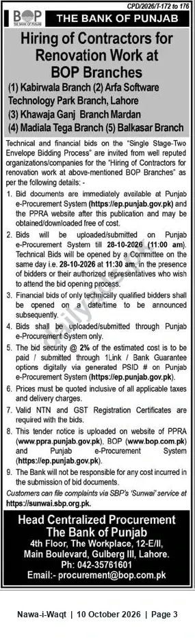 Newspaper clipping: Tender: Hiring Contractors for Renovation of Select Bank of Punjab (BOP) Branches, Nawa-i-Waqt, 10 Oct 2026