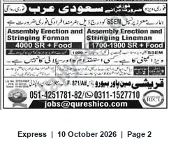 Newspaper clipping: Assembly Erection & Stringing Jobs — Foreman and Lineman (SR + Food), Express, 10 Oct 2026