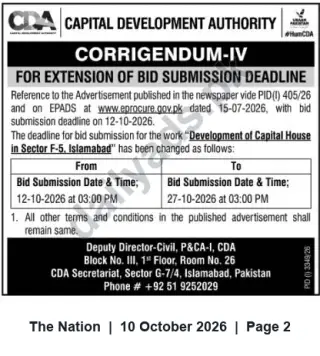 Newspaper clipping: CDA Corrigendum: Bid Deadline Extended for Development of Capital House, Sector F-5 Islamabad, The Nation, 10 Oct 2026
