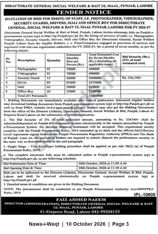 Newspaper clipping: Tender for Hiring Contract Staff (Photographer, Videographer, Security Guards, Drivers, Mali, Office Boys) — Directorate General Social Welfare & Bait ul Maal, Punjab, Nawa-i-Waqt, 10 Oct 2026
