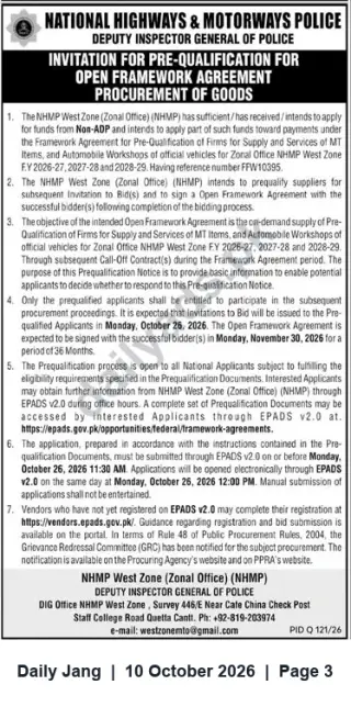 Newspaper clipping: NHMP West Zone Invitation for Pre-Qualification — Framework Agreement for MT Items & Vehicle Workshops, Jang, 10 Oct 2026