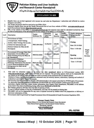 Newspaper clipping: PKLI Rawalpindi Invitation to Bid for Medical Equipment, Urology Sets and Accessories (Closing 2026-10-28), Nawa-i-Waqt, 10 Oct 2026