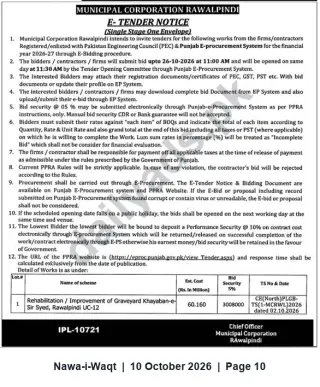 Newspaper clipping: Municipal Corporation Rawalpindi E-Tender for Rehabilitation/Improvement of Graveyard Khayaban-e-Sir Syed (UC-12), Nawa-i-Waqt, 10 Oct 2026