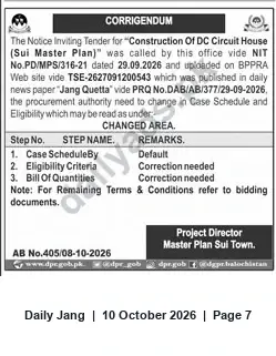 Newspaper clipping: Corrigendum: NIT PD/MPS/316-21 for Construction of DC Circuit House (Sui Master Plan), Jang, 10 Oct 2026