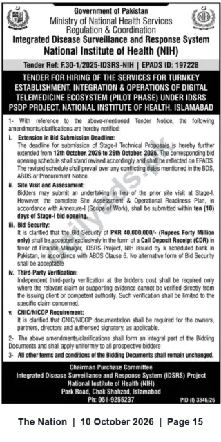 Newspaper clipping: Tender: Turnkey Telemedicine Ecosystem Establishment, Integration & Operations — NIH Islamabad, The Nation, 10 Oct 2026