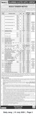 Newspaper clipping: IESCO Tender Notice — Supply of Transformers, Conductors and Line Materials (FY 2026-27), Jang, 01 Jul 2026