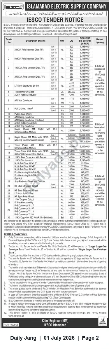 Newspaper clipping: IESCO Tender Notice — Supply of Transformers, Conductors and Line Materials (FY 2026-27), Jang, 01 Jul 2026
