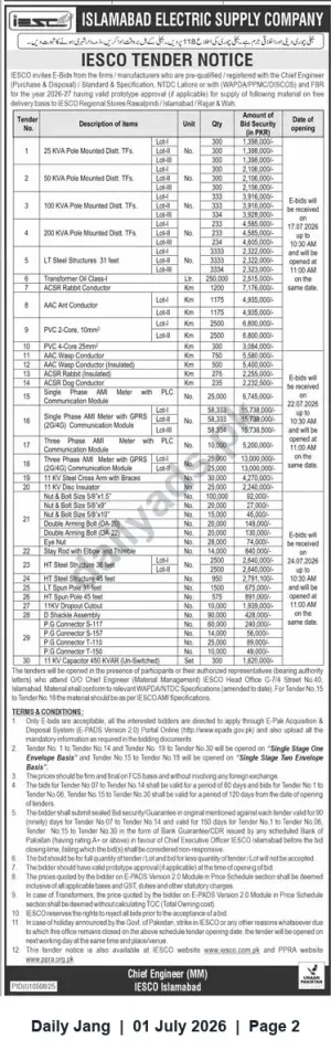 Newspaper clipping: IESCO Tender Notice — Supply of Transformers, Conductors and Line Materials (FY 2026-27), Jang, 01 Jul 2026
